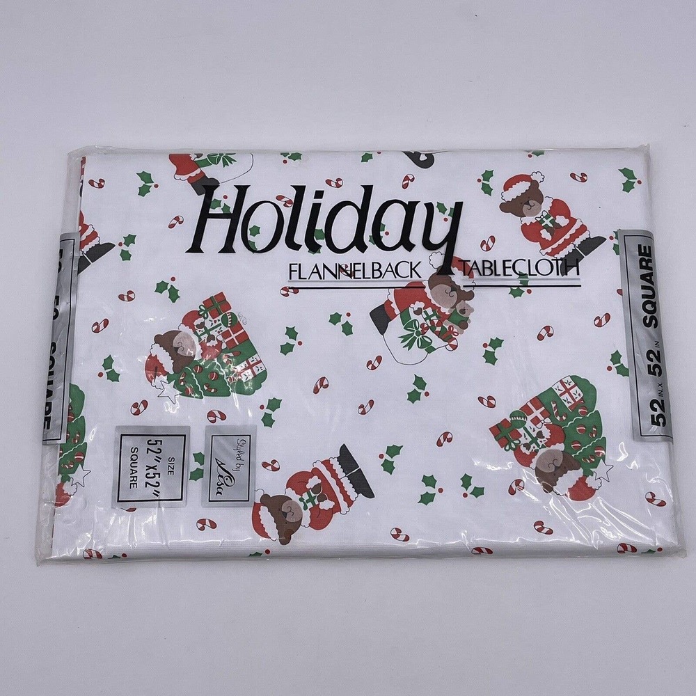 Santa Bear Flannel Back Tablecloth 52" Square Christmas Holiday Vintage NOS New
